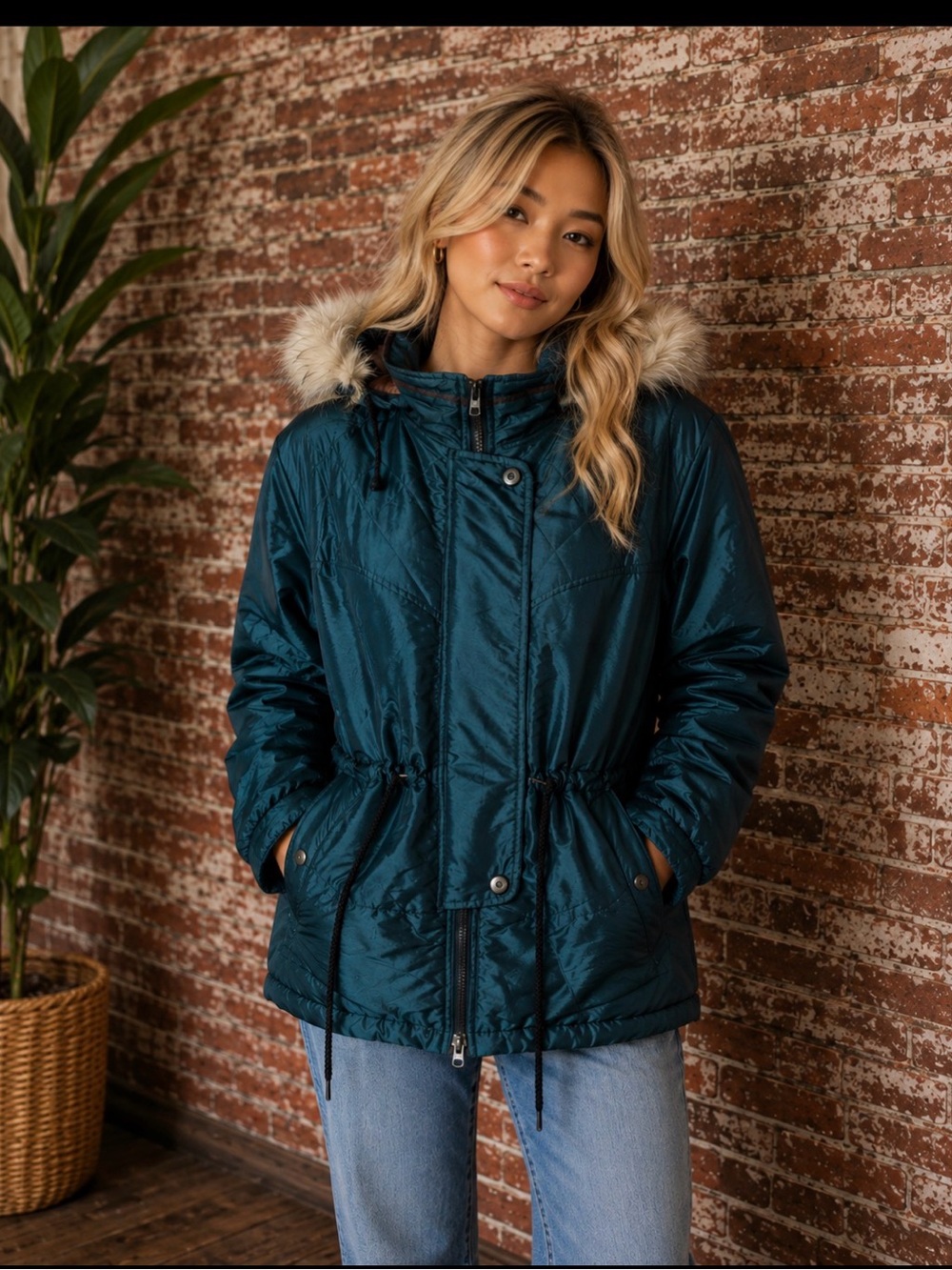 Vintage Y2K J.G. Hook Teal Puffer With Removable Fix Fur Hood